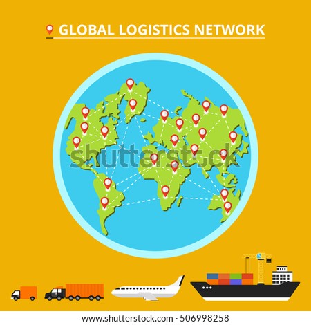 Global logistics network. Set icons: truck, van, airplane, cargo ship. Transportation over world. Flat vector illustration.