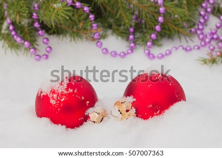Christmas balls and spruce branch
