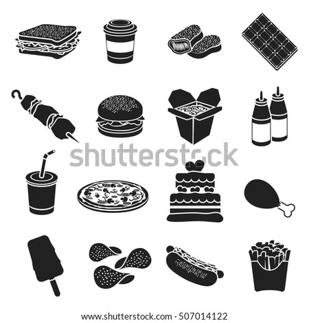 Fast food set icons in black style. Big collection fast food vector symbol stock