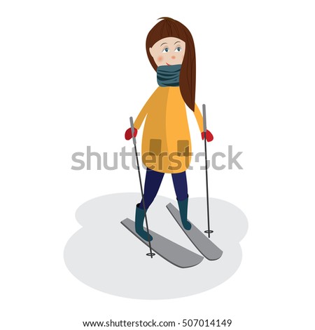 Cartoon girl in winter clothes for sports. Fashion modern woman on the snow. Skiing in winter. Active lifestyle, health. Popular winter sport activity.