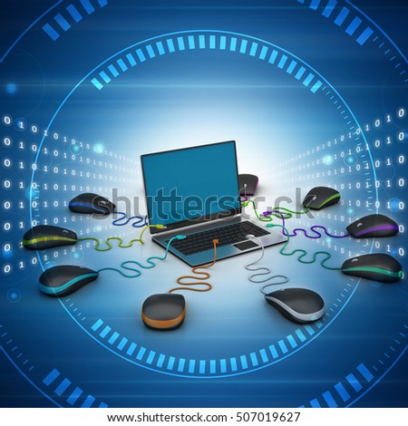3d illustration of laptop computer around with mouse