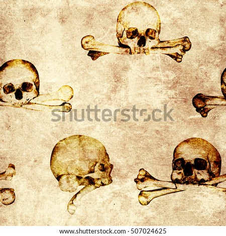 Seamless grunge Halloween background with human skulls and old paper texture. Endless texture can be used for wallpaper, pattern fills, web page background, surface textures