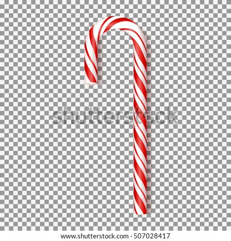 Realistic Xmas candy cane isolated on transparent backdrop. Vector illustration. Top view on icon. Template for greeting card on Christmas and New Year. Royalty-Free Stock Photo #507028417