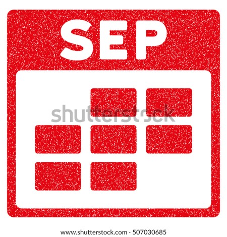 September Calendar Grid grainy textured icon for overlay watermark stamps. Flat symbol with unclean texture. Dotted vector red ink rubber seal stamp with grunge design on a white background.