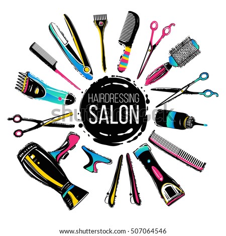 Colorful hairdresser decorative set with beauty haircut accessories and equipment with round haircut salon logo in center. Royalty-Free Stock Photo #507064546