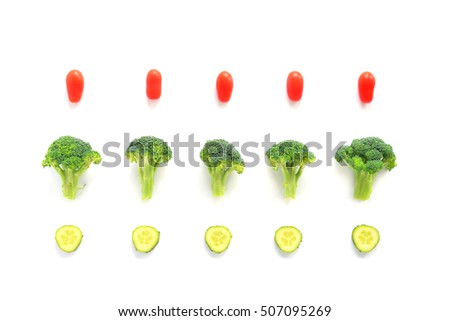 Broccoli, tomatoes and cucumbers Top View isolated on white background. Vegetarian flat lay.