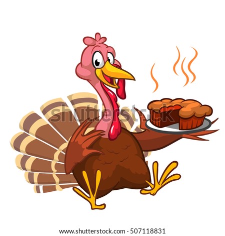 Thanksgiving turkey chief cook serving pumpkin pie. Vector cartoon