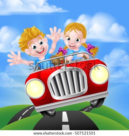 A cartoon boy and girl having fun driving fast in a car on a road trip