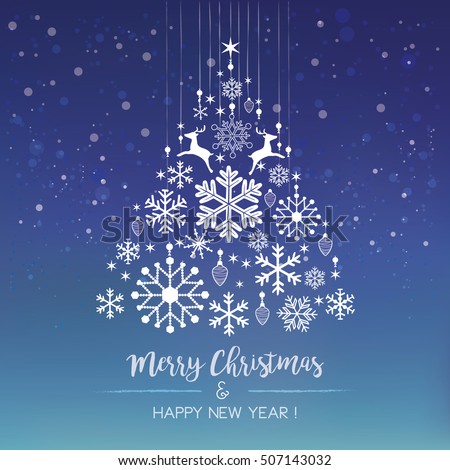 White snowflake Christmas tree on blue background. Christmas vector card