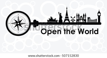 vector illustration with world famous landmarks silhouettes on the key with compass for travel concepts in black and white colors