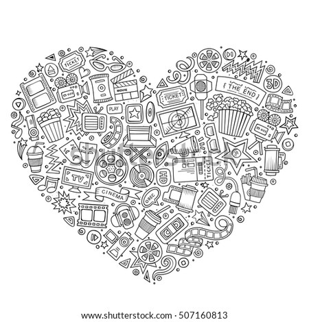 Line art vector hand drawn set of Cinema cartoon doodle objects, symbols and items. Heart form composition
