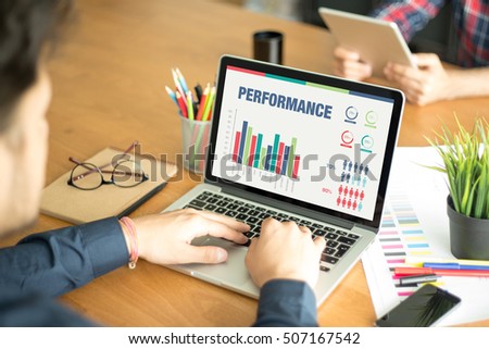 Business Charts and Graphs on screen with PERFORMANCE title
