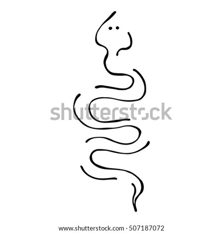 Raster black and white  illustration. Snake isolated on the white background. Hand drawn contour lines and strokes. Decorative  logo, icon, sign. Graphic  illustration. 