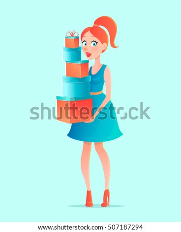 Young beautiful shopping woman in cartoon style. Girl with Christmas gift boxes. Vector illustration. Flat