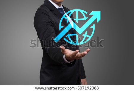 Businessman working with modern virtual technology, hand touching pointing to businessman icon global economics