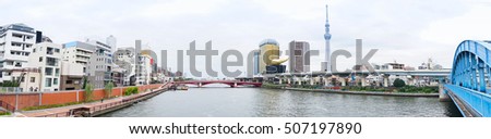 Business and culture concept - panoramic modern city skyline bird eye aerial view with tokyo skytree under beautiful cloudy sky in Tokyo, Japan