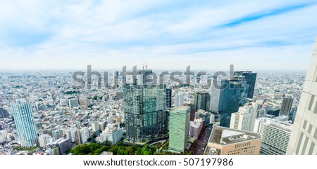 Asian Business concept for real estate and corporate construction - panoramic modern cityscape building bird eye aerial view under sunrise and morning blue bright sky in Tokyo, Japan