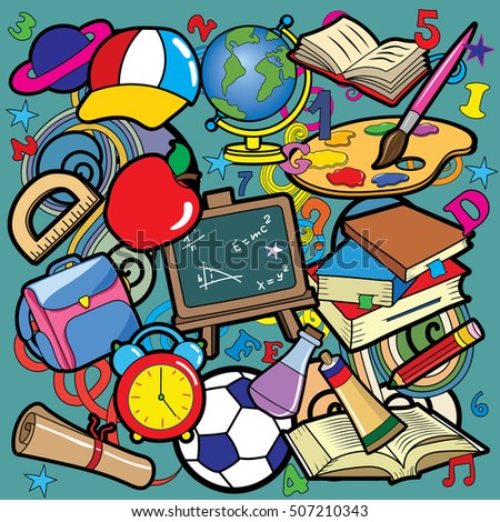 Back to School doodle set. Various school stuff - supplies for sport, art, reading, science, geography, biology, physics, mathematics, astronomy, chemistry