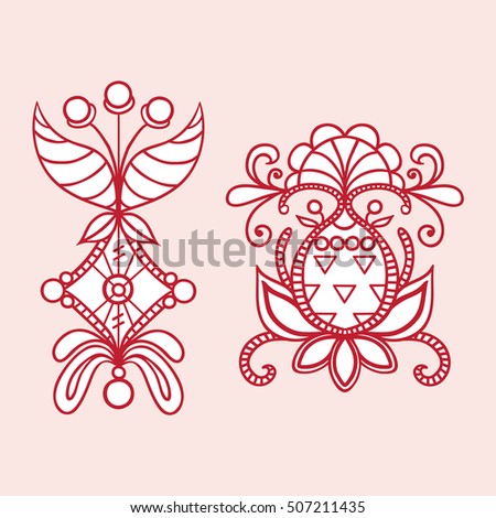 Traditional decor. Vector set of line art decor. Eastern style element. Red outline floral decor.