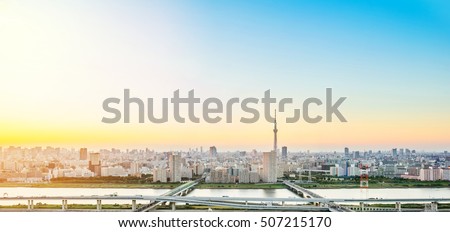 Asian Business concept for real estate and corporate construction - panoramic modern cityscape building bird eye aerial view with tokyo skytree under sunrise and morning blue bright sky in Tokyo,Japan