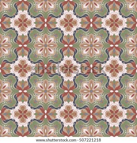 Abstract symmetric seamless pattern. Decorative background in ethnic style. The rich decor of the shapes and lines for design of cloth or paper. Vector illustration.