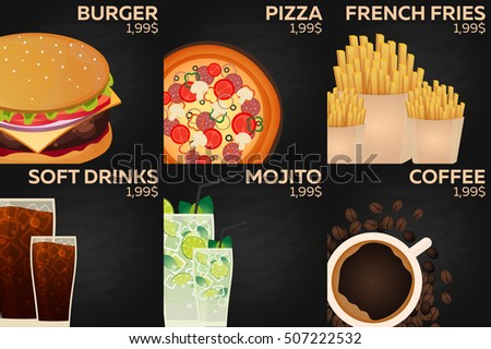 Fast food restaurant menu. Burger, pizza, french fries, soda, mojito and coffee