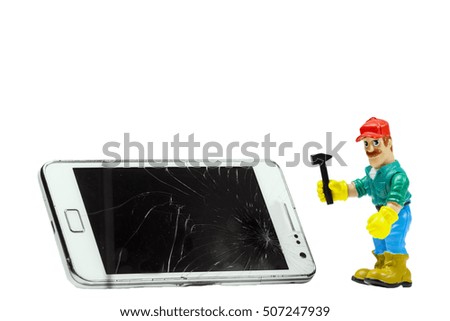 Toy man mobile phone repairs, broken screen, isolated on a white background