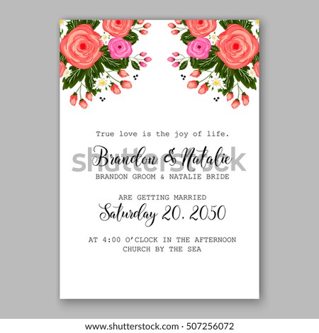 Wedding invitation printable template with floral wreath or bouquet of rose flower and daisy Romantic pink peony bouquet bride wedding invitation template design.  Bridal shower invitation card 