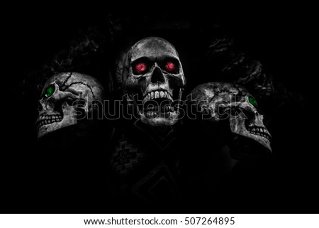 background picture black and white three headed skull halloween art dark