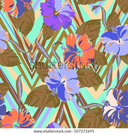 Tropical floral pattern blossom exotic flowers vector drawing illustration on a zigzag background. Colorful vector flowers red and yellow color.
