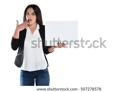 Smiling woman holding white sign board. portrait of smiling young model with long hair. isolated on white background