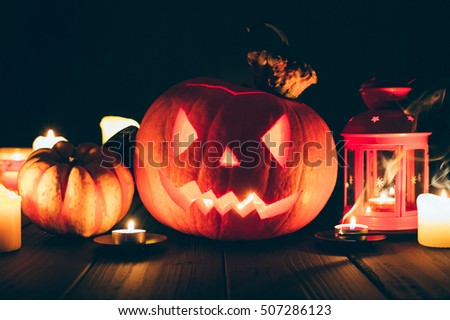 Pumpkin for Halloween on Dark Wooden Background using for Wallpaper, Horizontal View