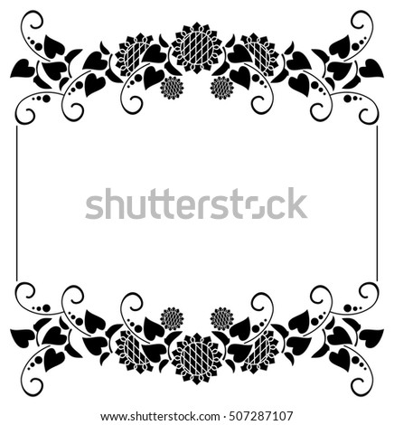 Black and white horizontal frame with decorative sunflowers silhouettes. Raster clip art.