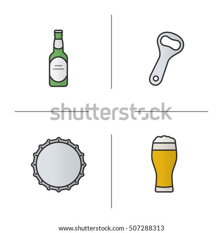 Beer color icons set. Beer bottle, opener, cap and full foamy glass. Isolated vector illustrations