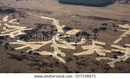 Aerial view of huge patterns of strange looking figures in the heathland at the Hoge Veluwe, a national park in the province of Gelderland, Holland.