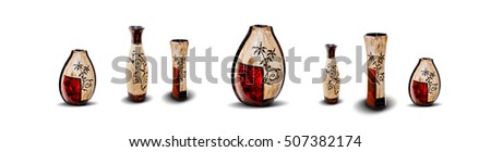 Seven Wooden Vases Isolated on White Background. Panoramic Image.