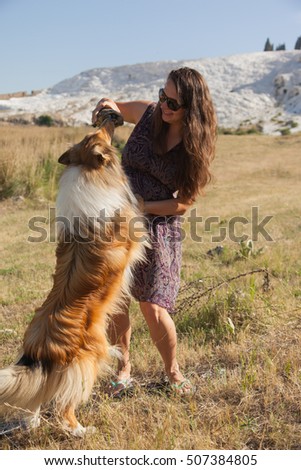 Collie dog jumping at a girl holding turtle, white rock on background