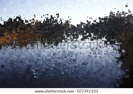 landscape with river, tribute to Pollock, abstract expressionism, art, digital, abstract illustration with mosaic effects of gradient colors black,blue, ochre,