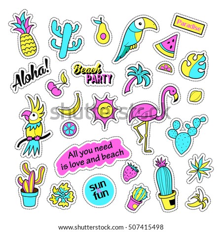 Pop art set with fashion patch badges and different tropical elements. Stickers,pins,patches,quirky,handwritten notes collection. 80s-90s style. Trend.  illustration isolated. clip art.Rasterized Copy