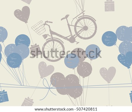 Seamless pattern with balloons, bicycle and gifts.  Stylish background for your creative designs. Vector image.