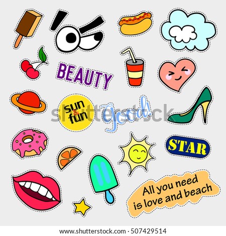 Fashion patch badges. Big set. Stickers, pins, patches and handwritten notes collection in cartoon 80s-90s comic style. Trend.  illustration isolated.  clip art. Rasterized Copy