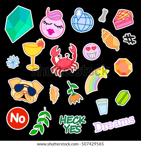 Fashion patch badges with different elements. Set of stickers, pins, patches and handwritten notes collection in cartoon 80s-90s comic style.  illustration isolated.  clip art. Rasterized Copy
