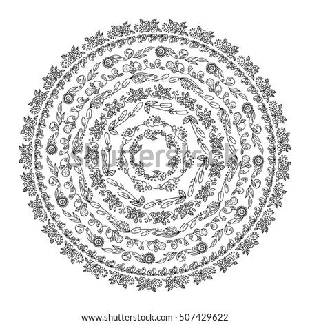 Hand-drawn vector illustration. Doodle lace mandala, coloring for adult page. Herbal elements, roses, flowers, reeds, pears, leaves. Set of round frame for photo decor. Black line