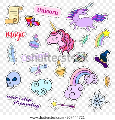 Fashion patch badges. Magic set. Stickers, pins, patches, cute magic collection with unicorn and rainbow. 80s-90s comic style. Trend.  illustration isolated.  clip art. Rasterized Copy