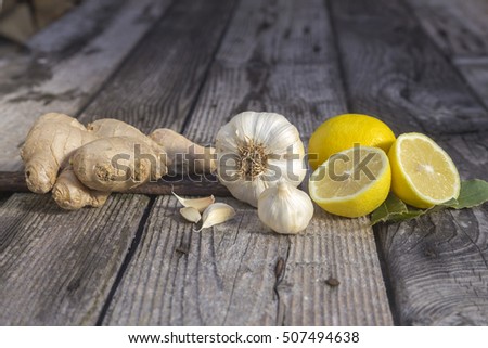 Alternative Medicine with Lemon, Ginger and Garlic. Royalty-Free Stock Photo #507494638