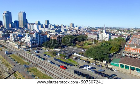 New Orleans cityscape and buildings, aerial view.