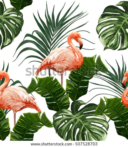Pink flamingos, exotic birds, tropical palm leaves, jungle leaves seamless vector floral pattern background