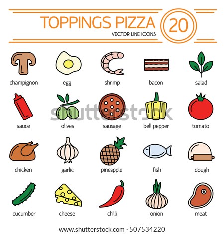 Set icons of pizza ingredients isolated on white. Vector clip art of pizza toppings. Outline icon collection