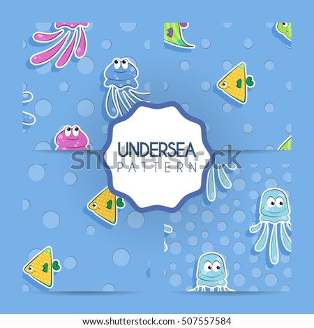 Set of vector seamless patterns of sea with yellow and green fish and jellyfish. Pattern for children.
