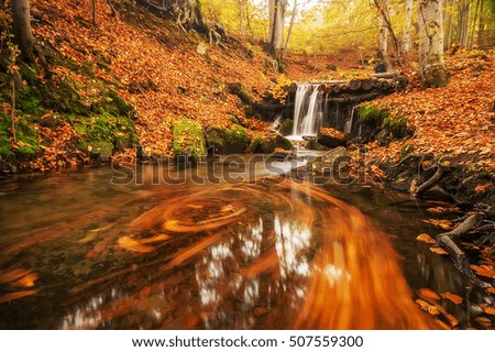 autumn landscape. colorful trees and beautiful waterfall in deep golden forest. picture with long exposure